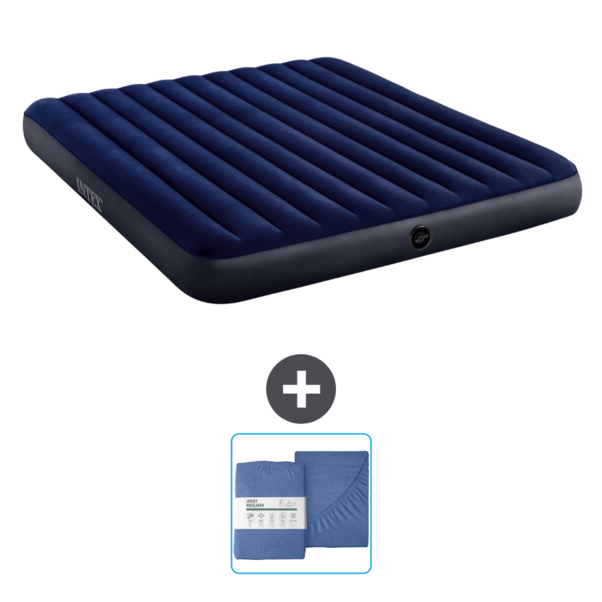 Donkerblauw opblaasbed met lakens en een plus.