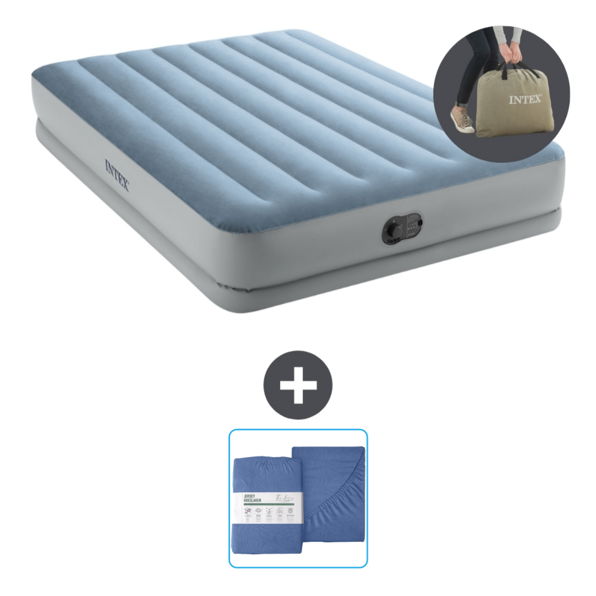 Een opblaasmatras met een blauwe lakenset en een beige Intex-tas. Alles op een witte achtergrond.