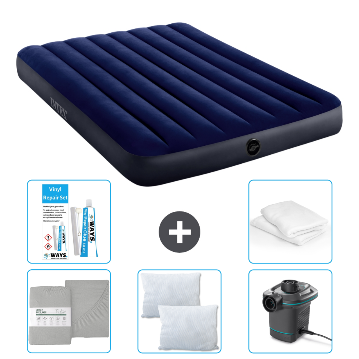 Een luchtmatras met beddengoed, een reparatieset, kussens en een pomp. De matras is blauw.