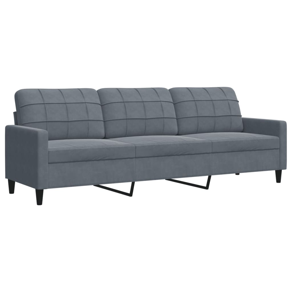 Ein dreisitziges graues Sofa mit getuftetem Design und schwarzen Metallbeinen.