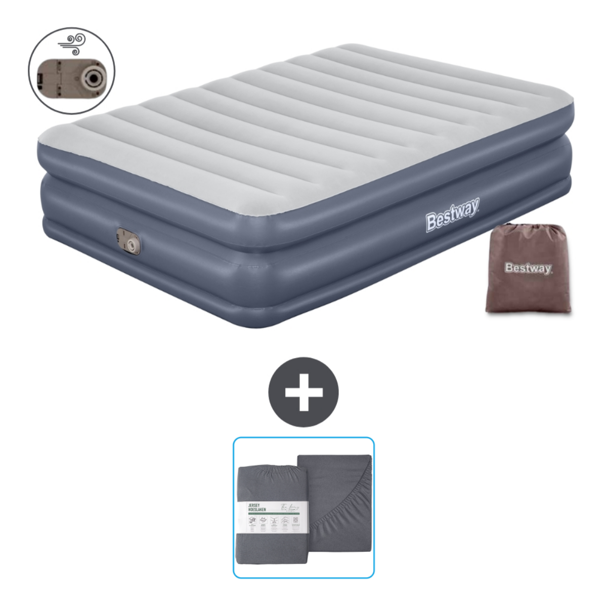 Een luchtmatras, een grijze lakenset en een pomp. Een bruine tas met het Bestway logo is ook zichtbaar.