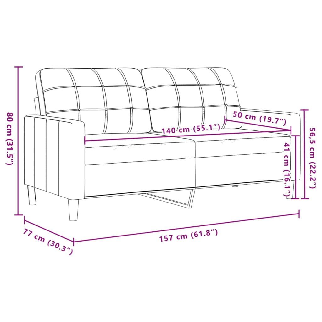 Ein Sofa mit markierten Abmessungen. Das Sofa ist beige mit einem Gittermuster auf der Rückenlehne.