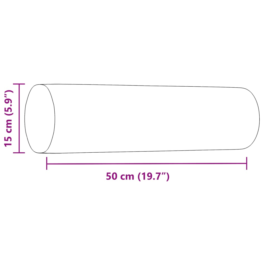Langes, zylindrisches Kissen mit Abmessungen: 15 cm Durchmesser, 50 cm Länge.
