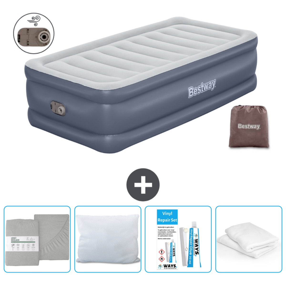 Grijze en witte opblaasmatras met accessoires. Inclusief lakens, een kussen en een reparatieset.