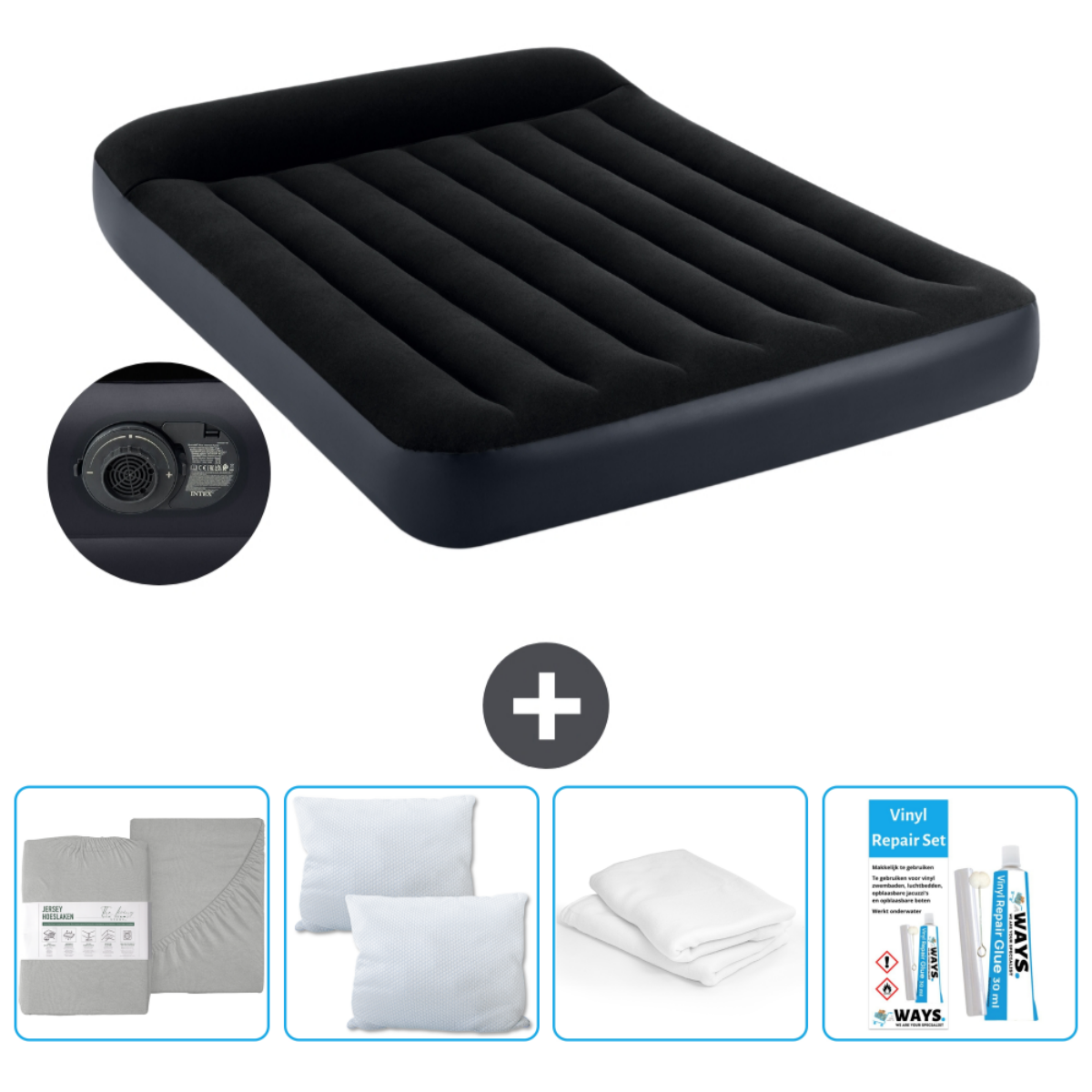 Un matelas pneumatique noir est affiché avec un gonfleur. Le matelas est dans un pack avec un ensemble de draps, des oreillers et un kit de réparation.