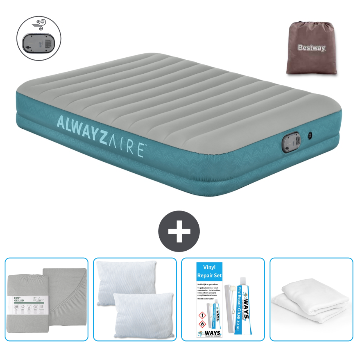 Grijze Always Aire luchtmatras, bruine tas, beddengoedset, kussens en reparatieset. Plusteken.