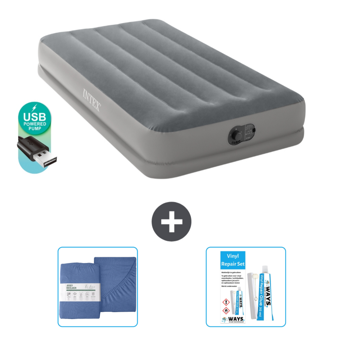 Grijs luchtbed met accessoires: reparatieset, lakens en USB-pomp. Witte achtergrond.