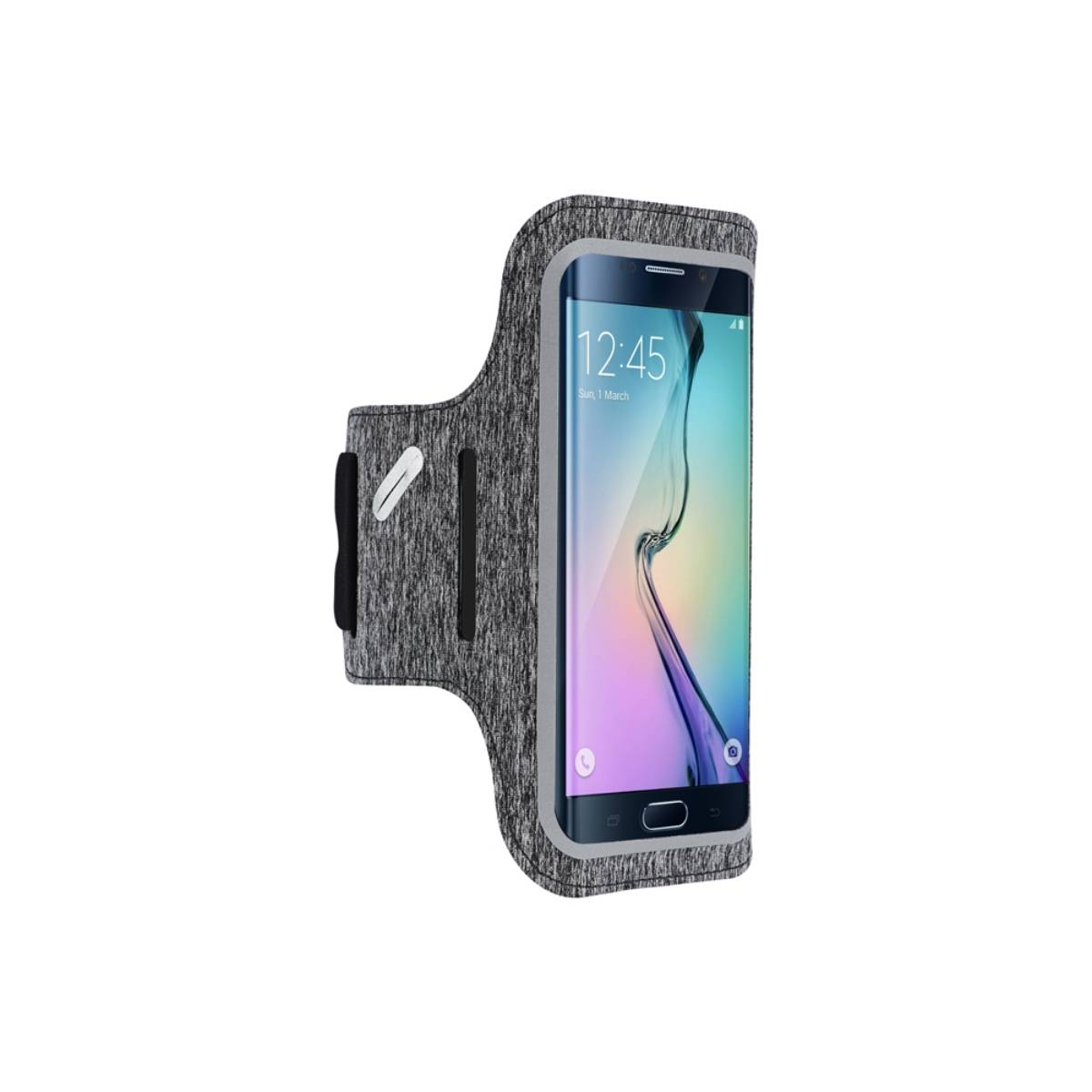 Graues Armband mit einem Telefon darin. Das Telefon zeigt 12:45 Uhr auf dem Bildschirm.