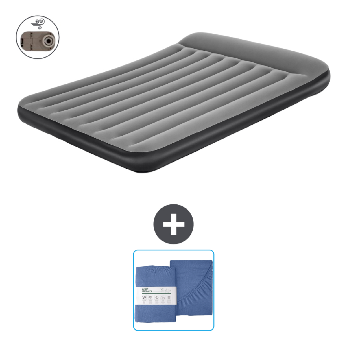 Un matelas pneumatique gris avec gonfleur. Le matelas est dans un pack avec un ensemble de draps bleus.