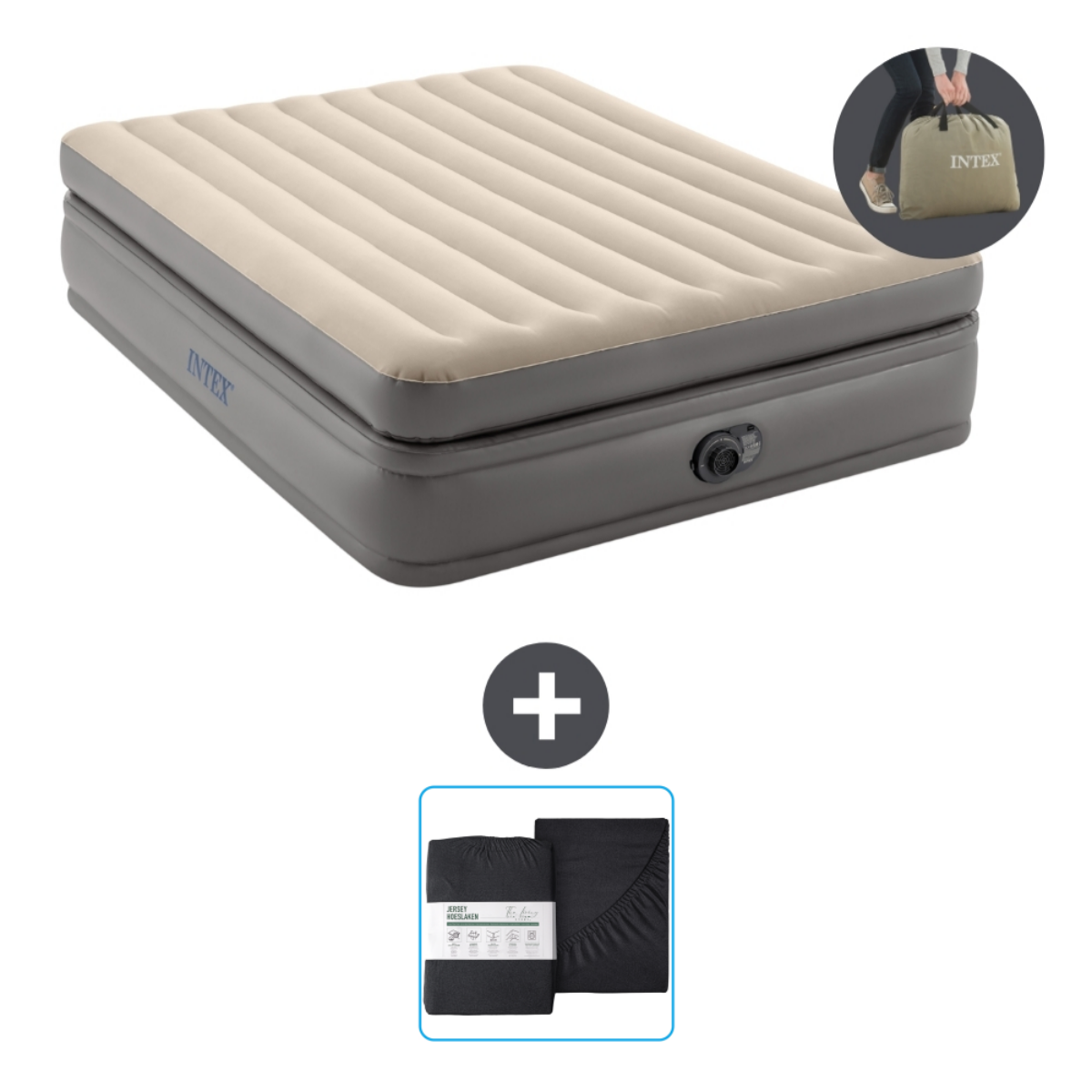 Opblaasbare luchtmatras met beddengoedset en draagtas. Beige bovenkant, grijze zijkanten.