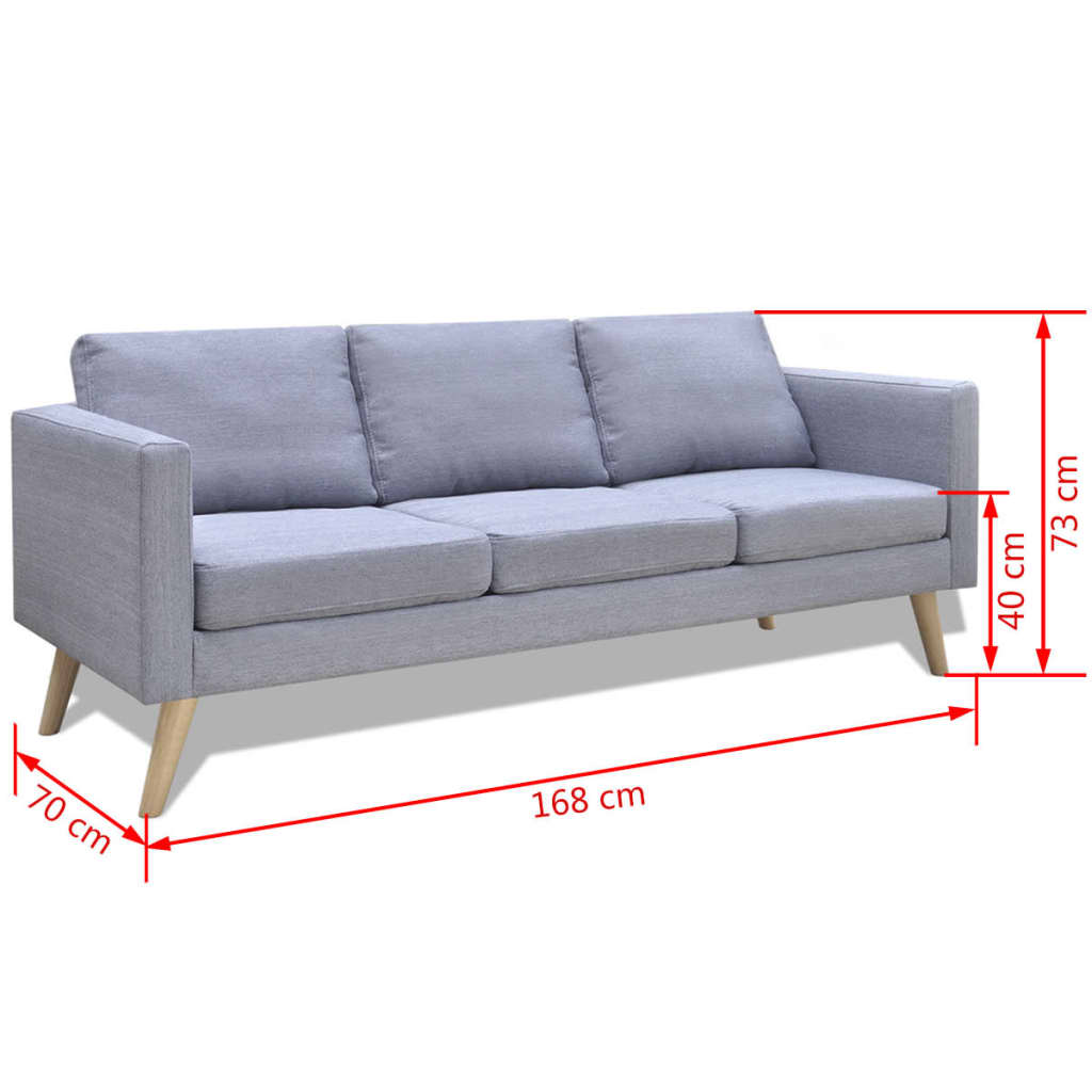 Ein graues Sofa mit drei Kissen, Holzbeinen und Abmessungen in Zentimetern angegeben.