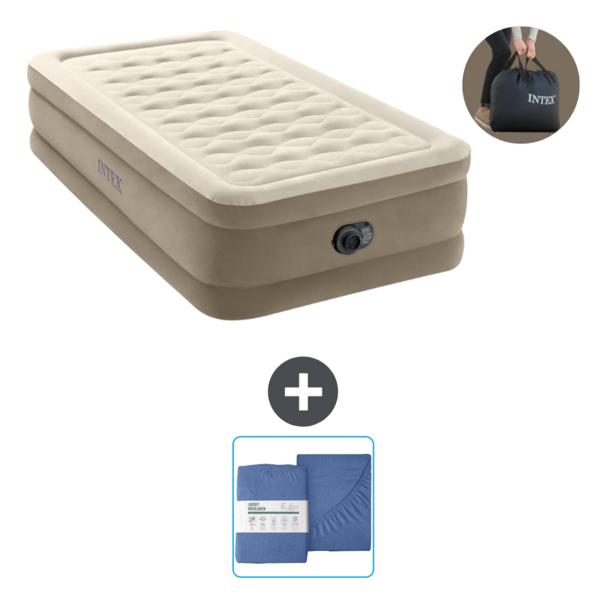 Matelas gonflable Intex beige et crème, draps bleus et sac de transport. Fond blanc.