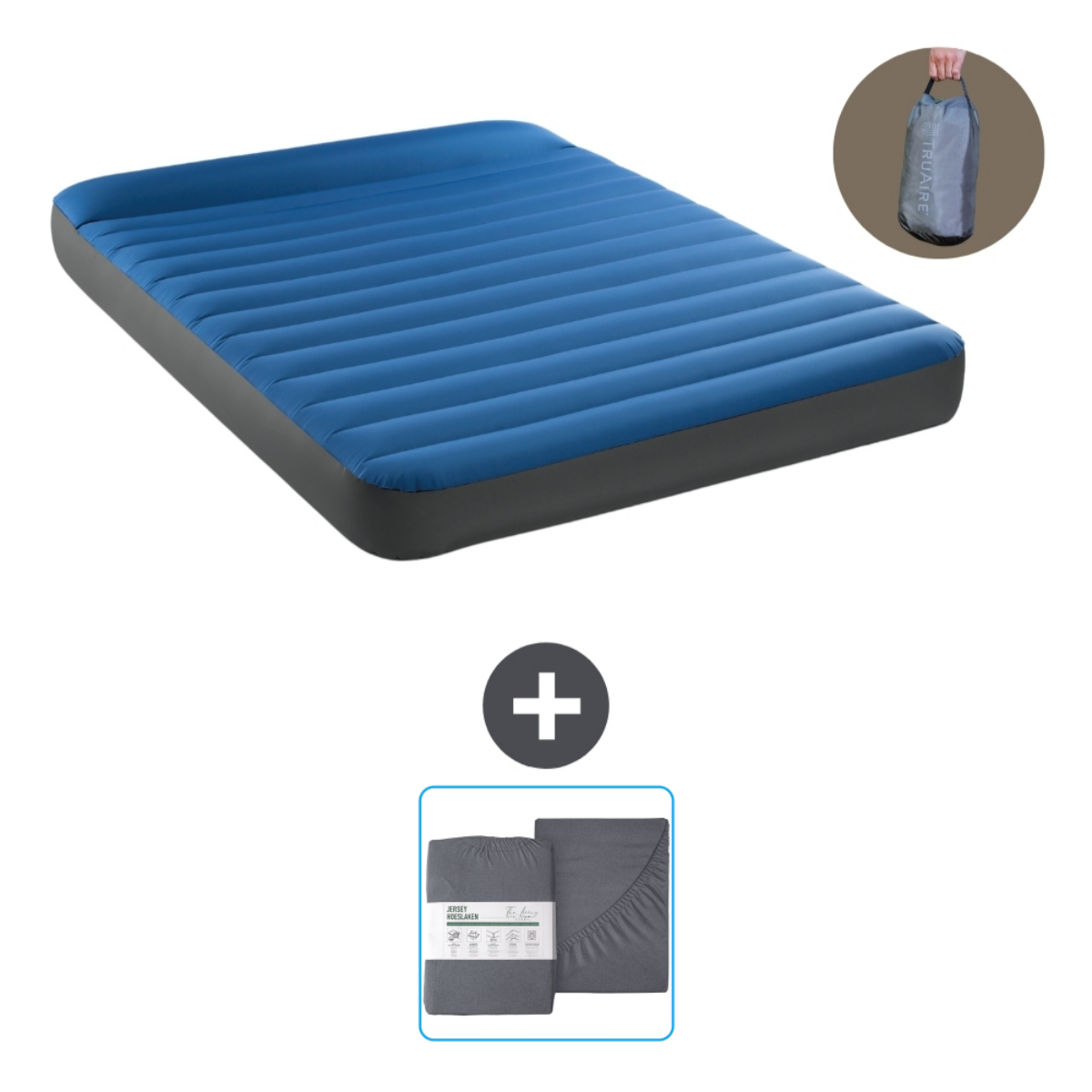 Een blauw luchtmatras, een grijze lakenset en een draagtas die door een persoon wordt vastgehouden. Het Truaire-logo is zichtbaar.