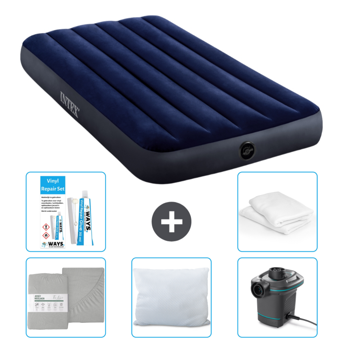 Matelas pneumatique bleu avec draps, oreiller, pompe et kit de réparation. Fond blanc.
