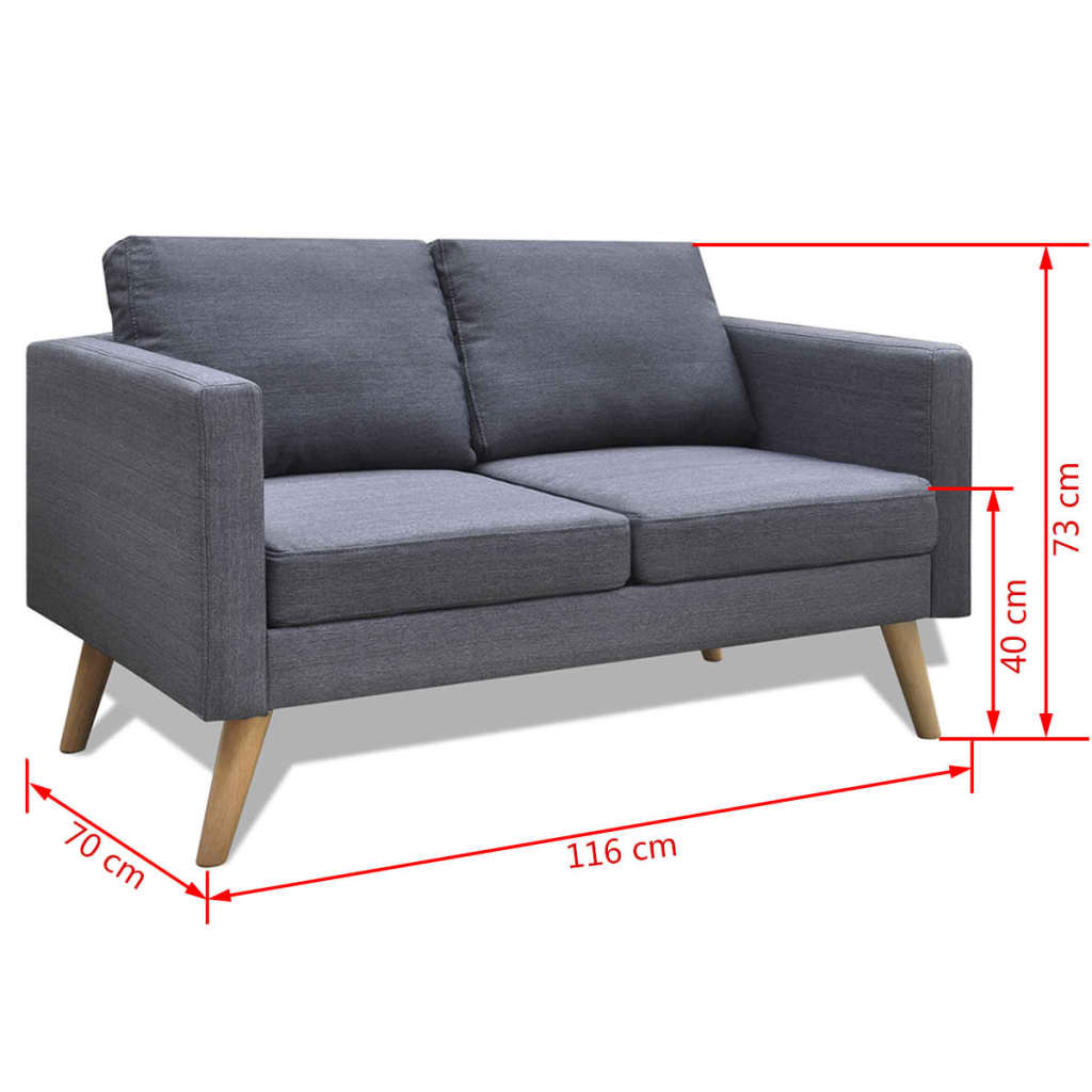 Graues Zweisitzer-Sofa mit Holzbeinen, Maße: 116 cm, 70 cm, 73 cm und 40 cm.