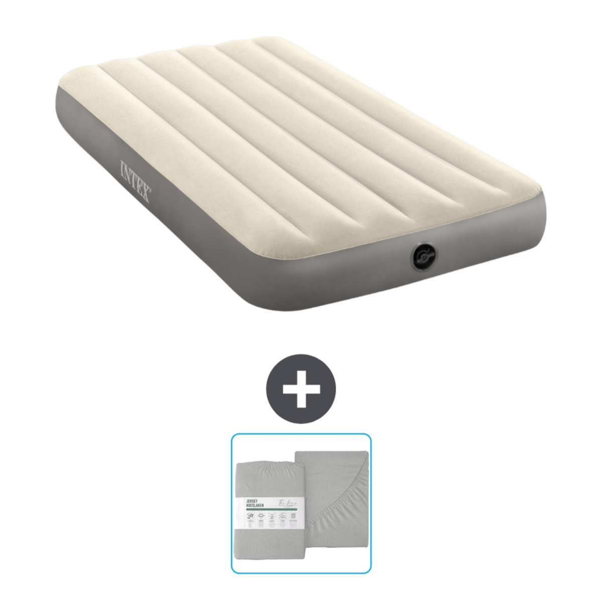 Beige luchtbed, grijze lakens, plus teken.
