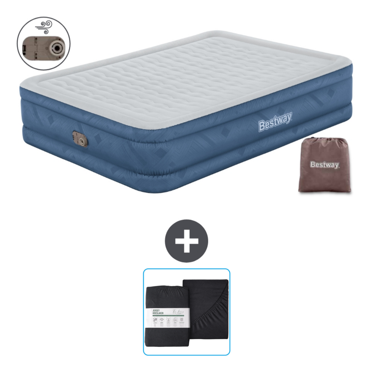 Matelas pneumatique bleu et blanc avec draps et sac Bestway. Fond blanc.