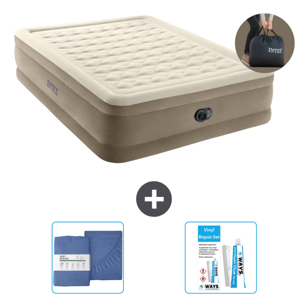 Een lichtbeige luchtmatras met een inflator. Het matras zit in een pakket met een blauwe hoeslakenset en een reparatieset.