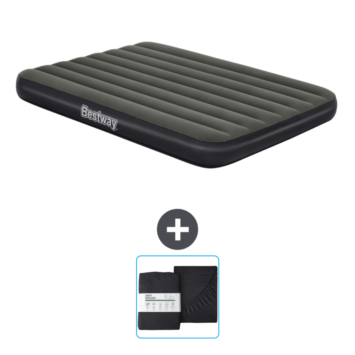 Matelas gonflable gris foncé avec ensemble de literie noir. Marque Bestway sur fond blanc.