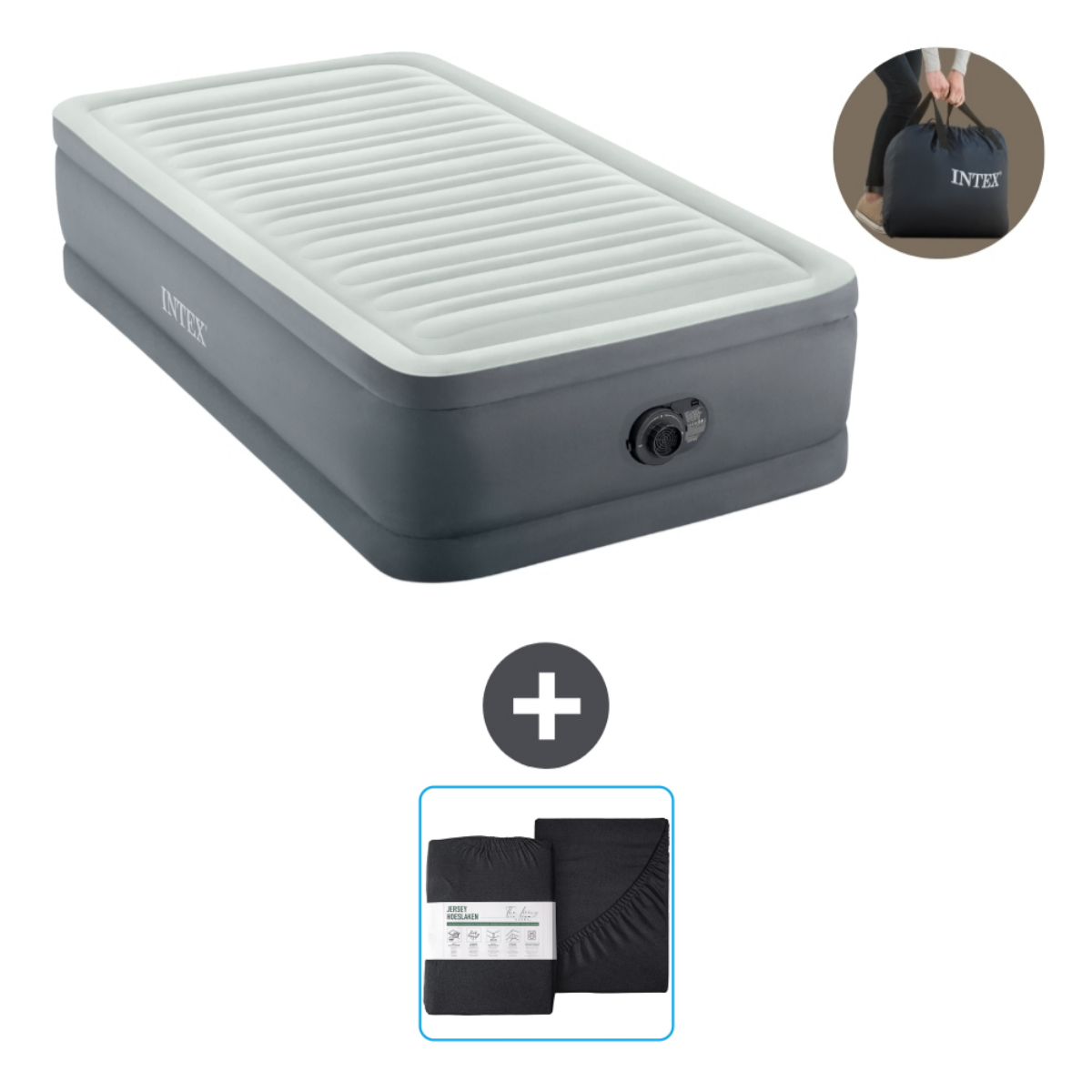 Matelas gonflable gris avec literie noire et une personne portant un sac.