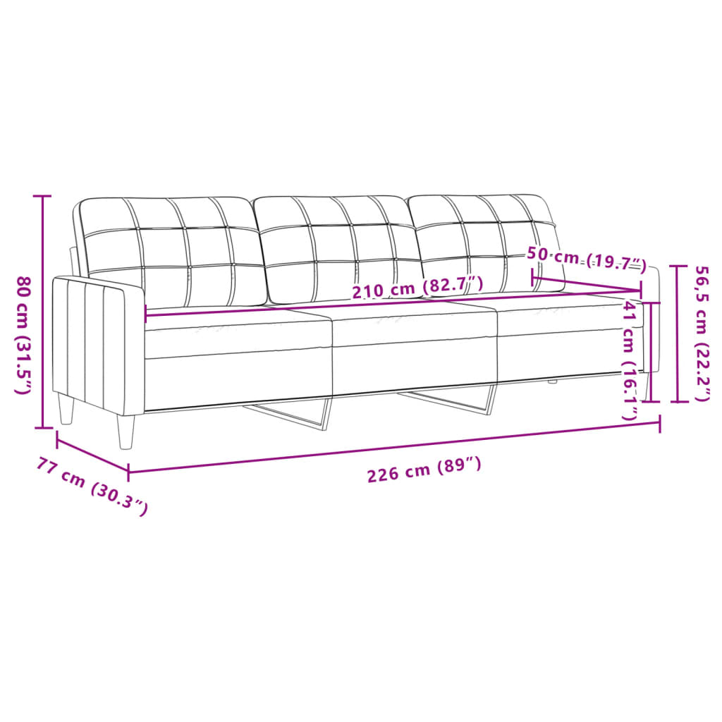 Ein Diagramm eines Sofas mit Abmessungen in cm und Zoll.