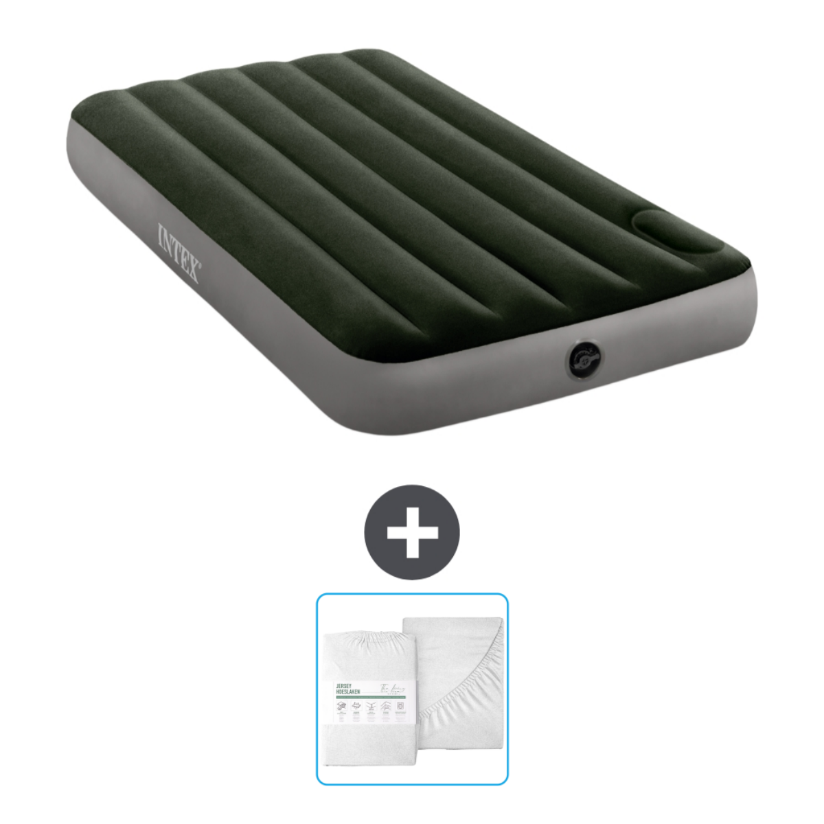 Lit gonflable vert et gris avec draps. Les deux sur fond blanc.