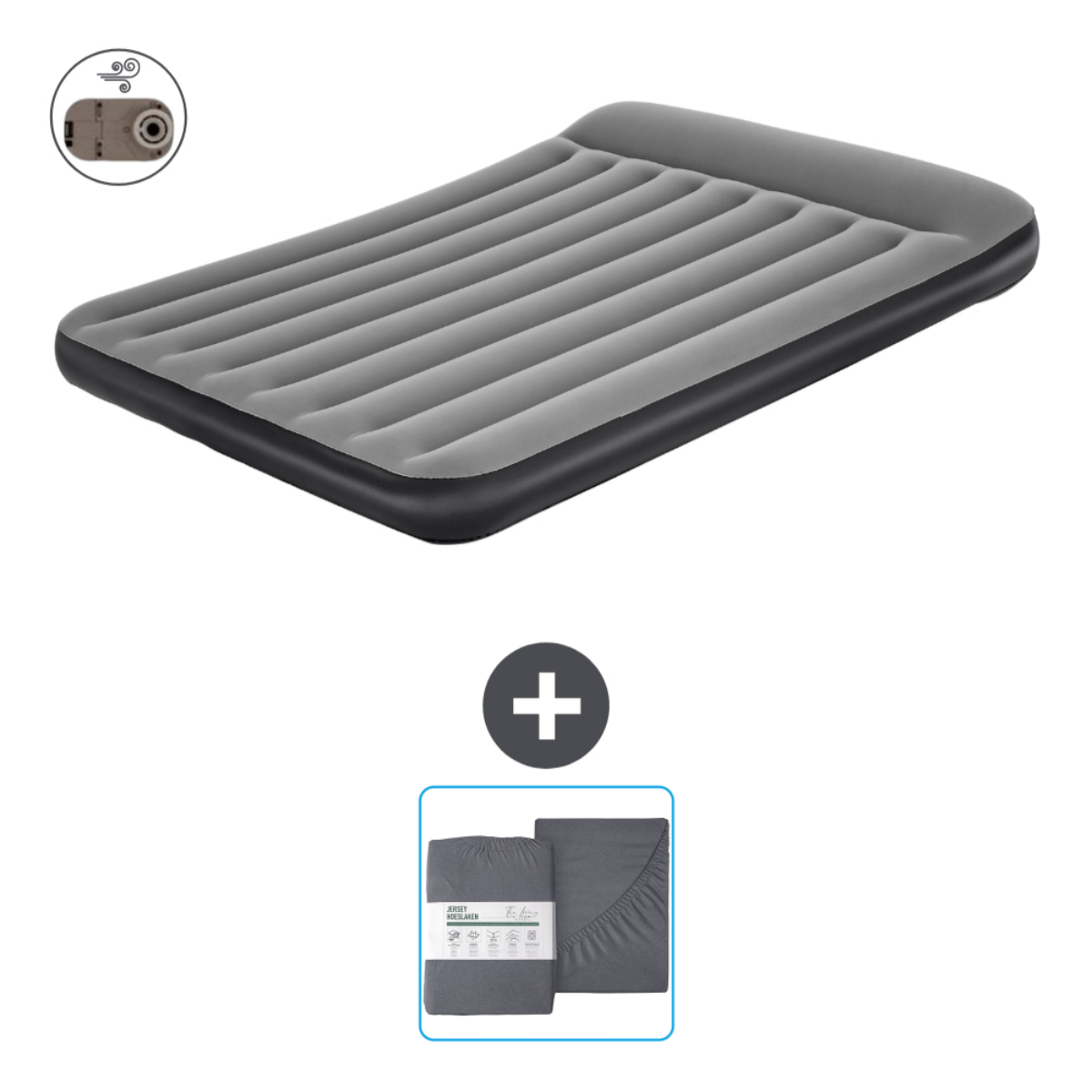 Grijze opblaasbare matras met lakens en een plus teken met meer items.
