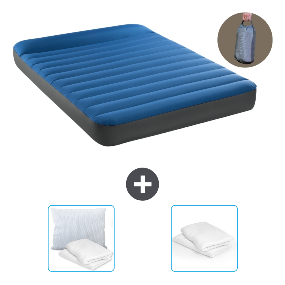 Een blauwe luchtmatras met een kleine tas. Het matras zit in een pakket met een hoeslakenset, een kussen en een reparatieset.