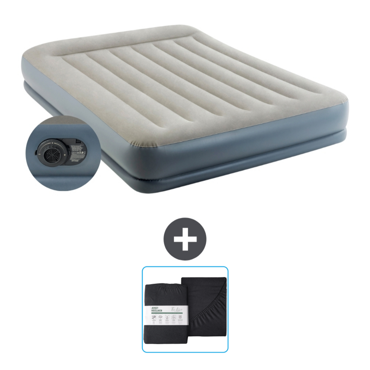 Beige en blauw luchtbed met Intex-merk en een zwarte lakenset.