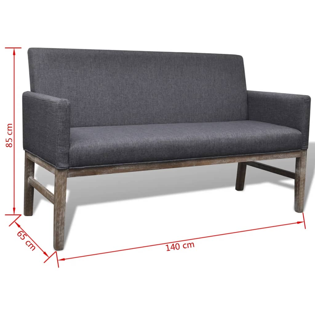 Ein graues Sofa mit Holzbeinen. Maße sind auf dem Bild markiert: 85 cm, 65 cm und 140 cm.