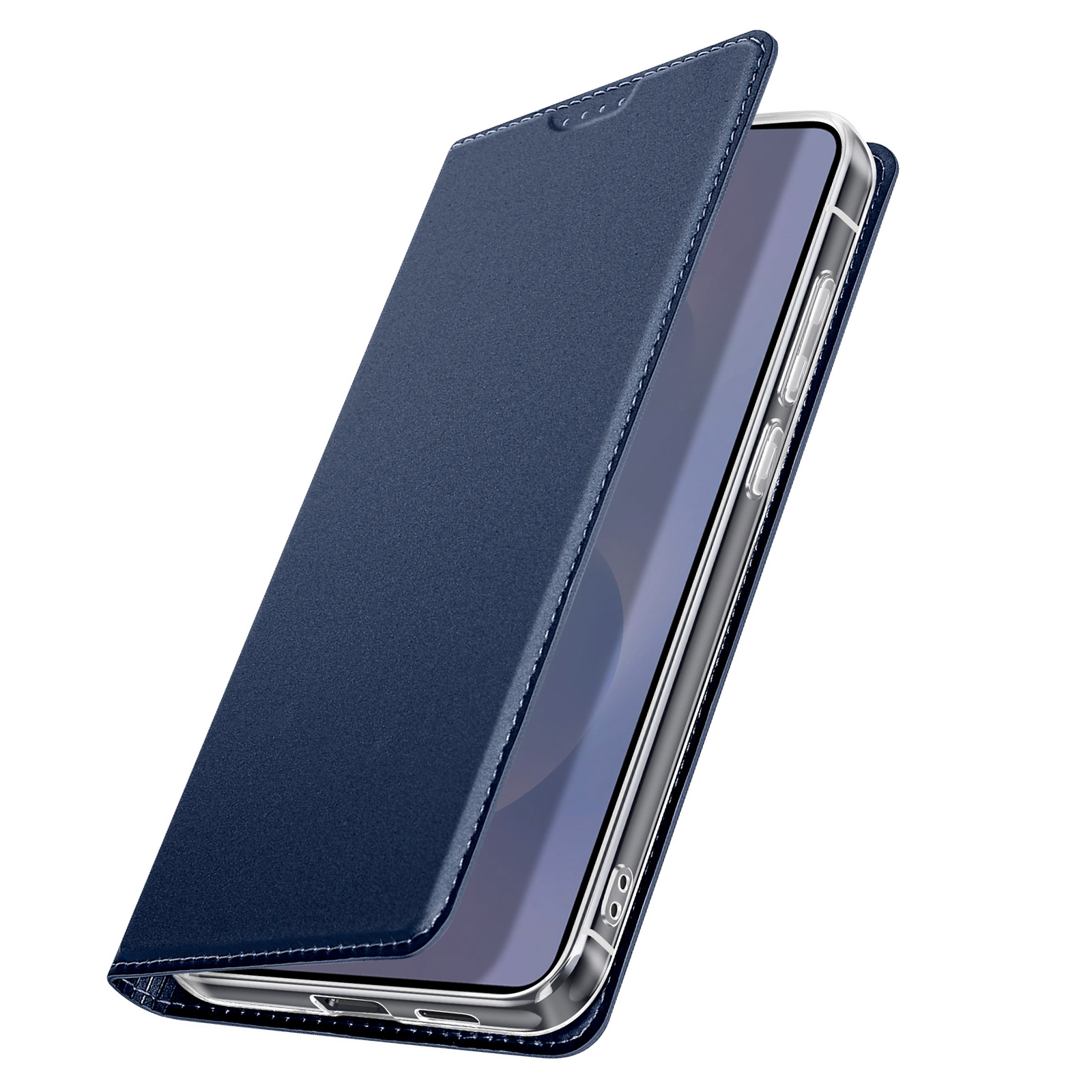Eine blaue Handyhülle, offen, mit einem Telefon darin.