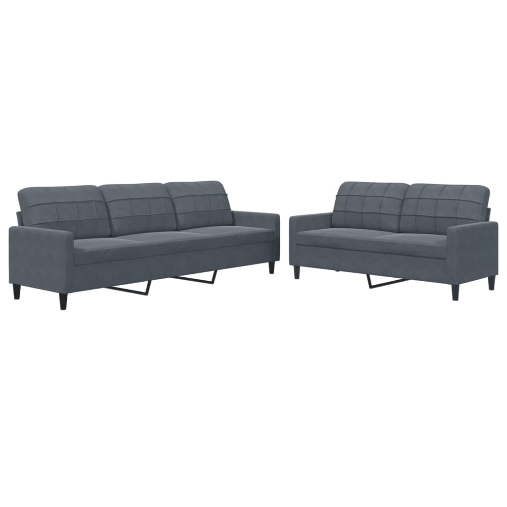 Zwei graue Sofas, ein Dreisitzer und ein Zweisitzer, weißer Hintergrund.