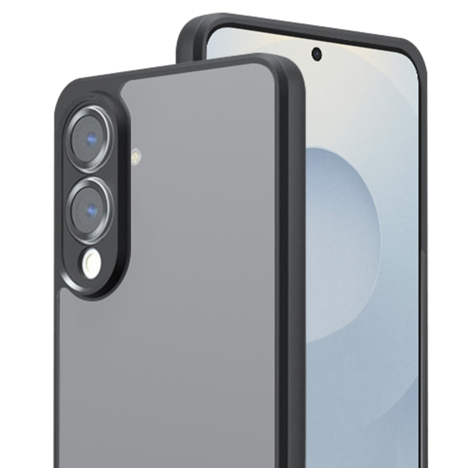 Zwei Telefone, eines in einem grauen Gehäuse, das Kameralinsen zeigt. Das andere ist ein Telefon.
