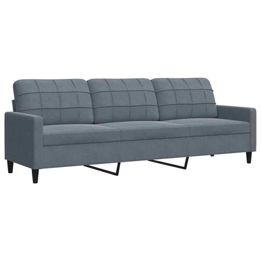 Ein graues Dreisitzer-Sofa mit einem gitterartigen Muster.