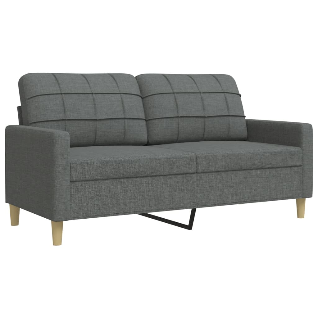 Graues Zweisitzer-Sofa mit hellen Holzbeinen. Der Rücken ist quadratisch. Schwarze Metallstütze sichtbar.