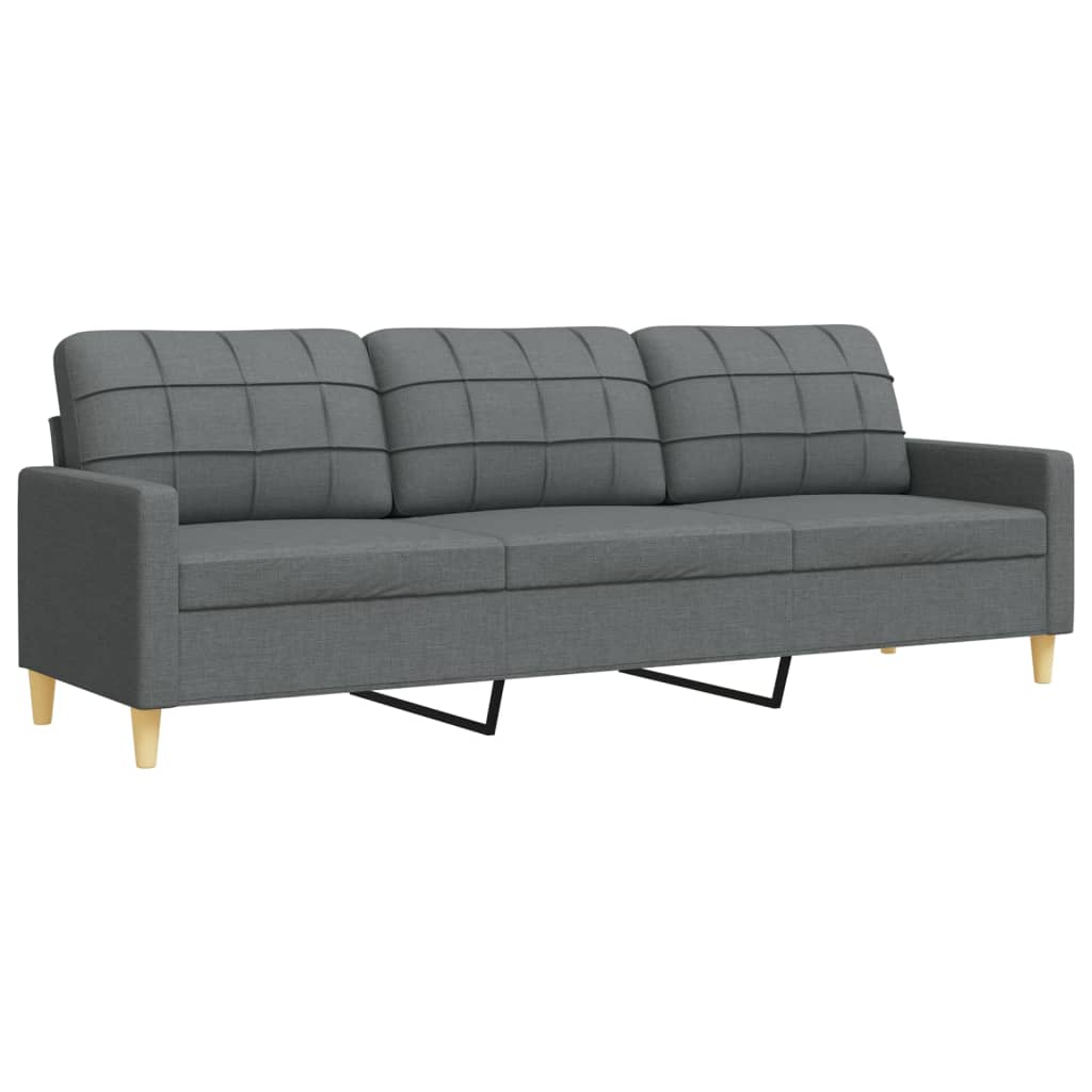 Graues Dreisitzer-Sofa auf weißem Hintergrund. Es hat Holzbeine und schwarze Träger.