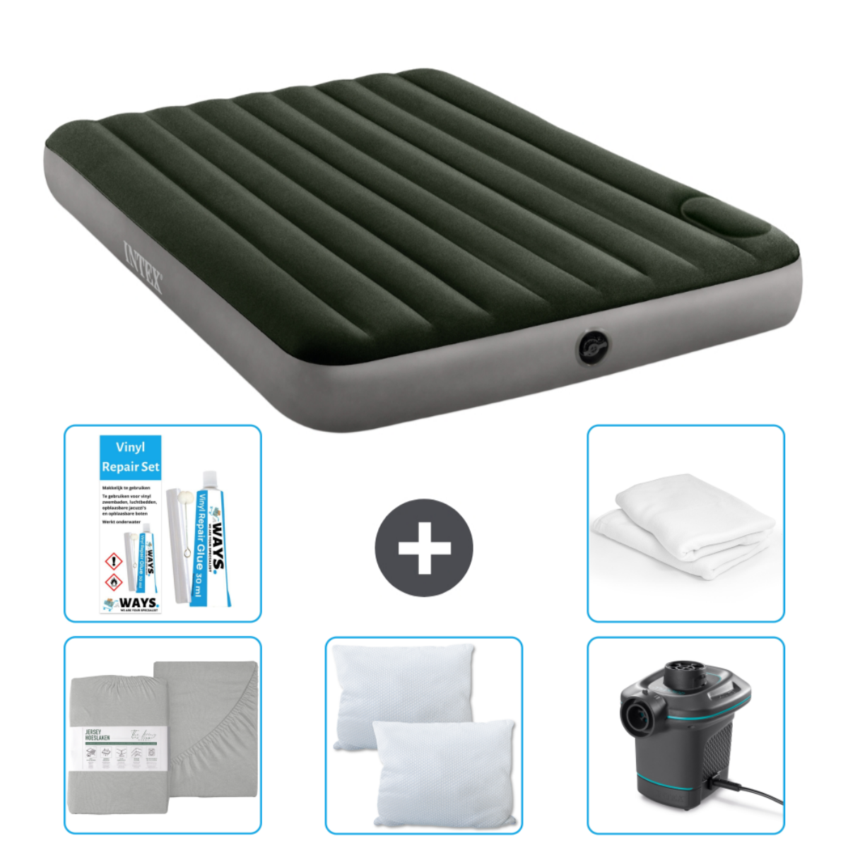 Matelas gonflable vert avec literie, oreillers et kit. Pompe à air incluse.