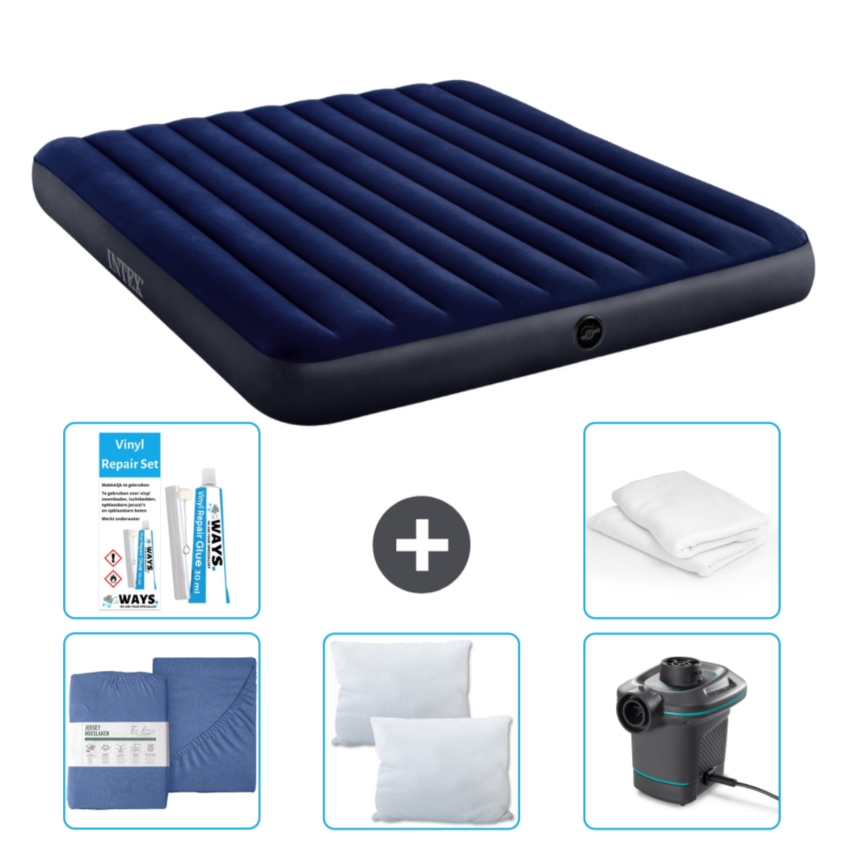 Un matelas pneumatique bleu foncé est affiché. Le matelas est dans un pack avec un ensemble de draps bleus, des oreillers, un kit de réparation et un gonfleur.