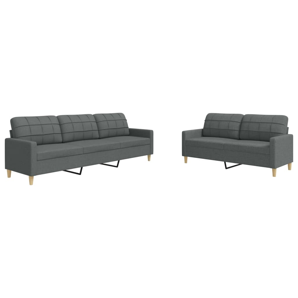 Passendes graues Sofaset: ein Dreisitzer und ein Zweisitzer. Schwarze, abgewinkelte Beine, neutraler Hintergrund.