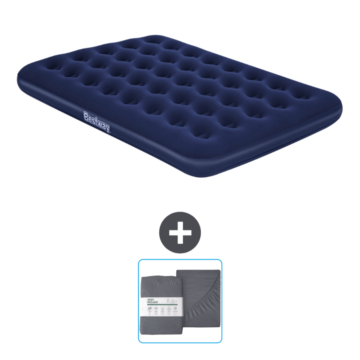 Lit gonflable bleu avec draps et un signe plus.