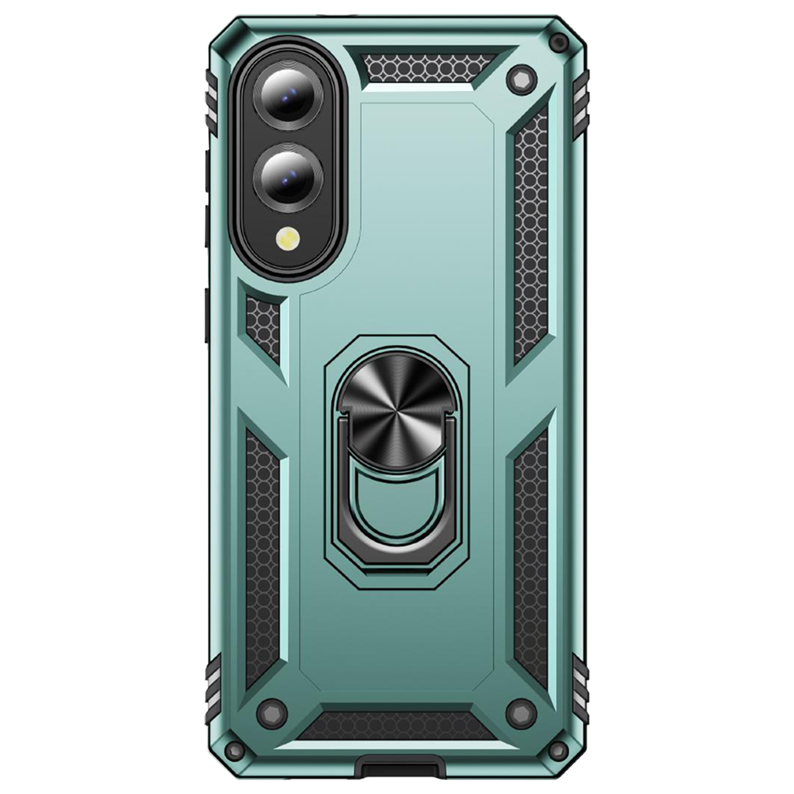 Custodia teal con supporto ad anello e lenti della fotocamera visibili.