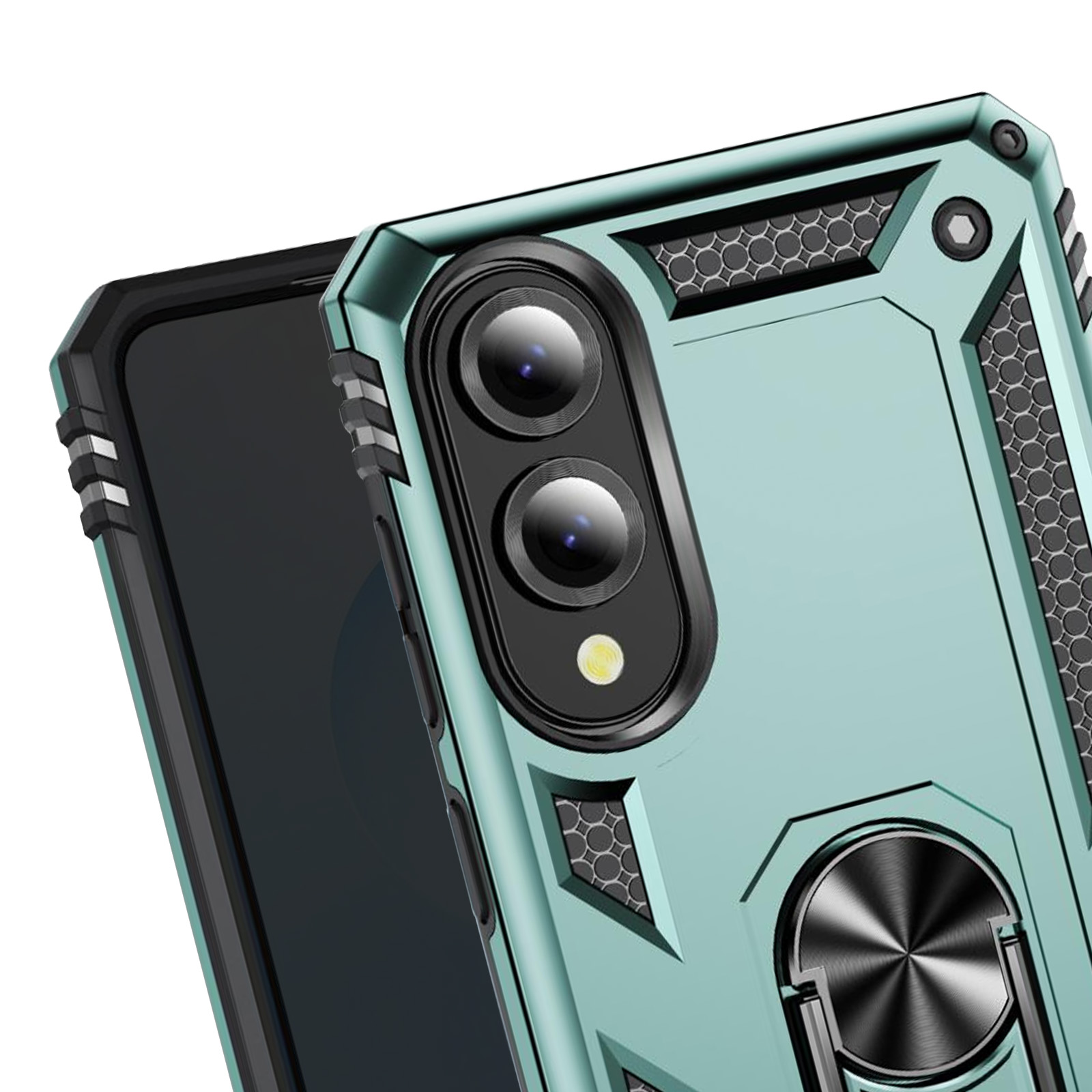 Primo piano di una custodia per telefono verde acqua con modulo fotocamera e telefono nero.