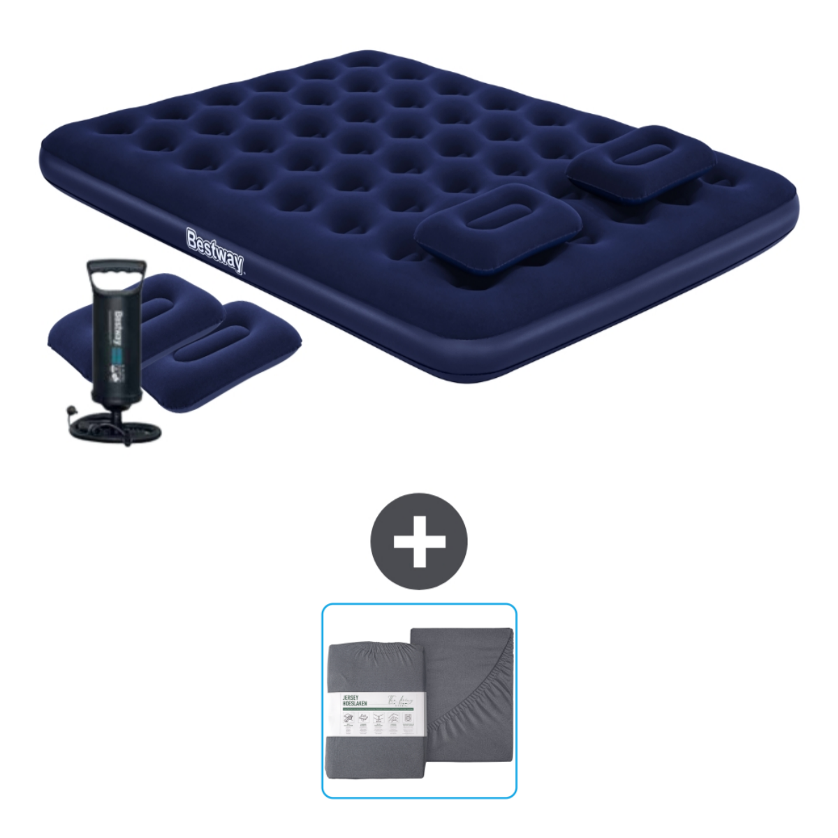 Lit gonflable bleu foncé avec accessoires, dont pompe et draps.