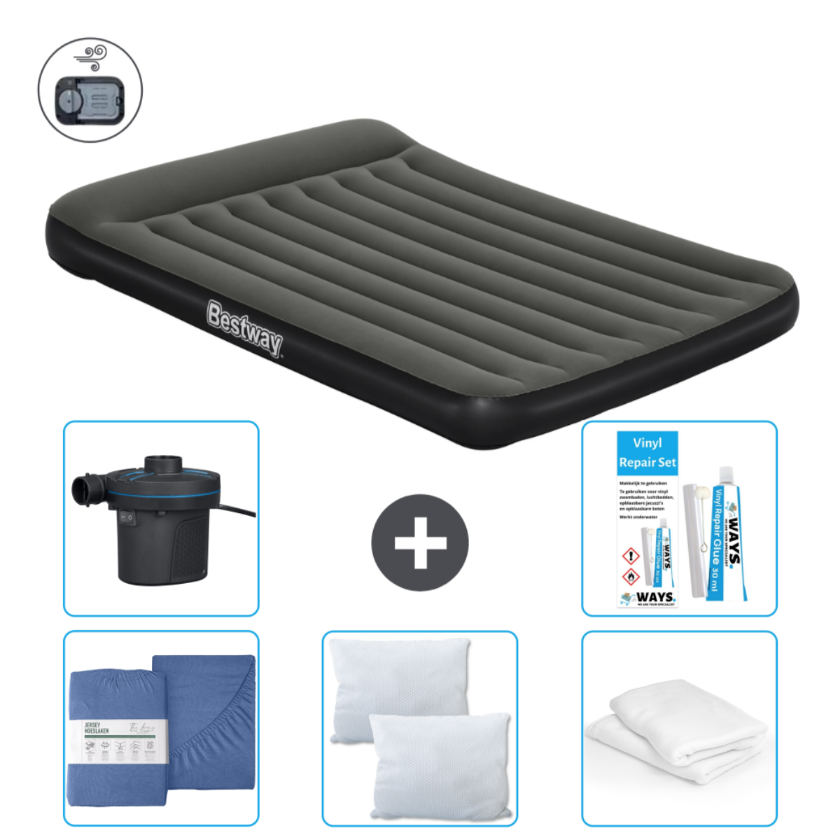 Opblaasbare luchtmatras met accessoires. Inclusief pomp, reparatieset, kussens en blauwe beddengoedset.
