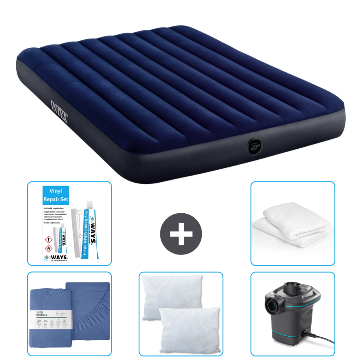 Een blauw luchtmatras, een lakenset, twee kussens, twee handdoeken, een pomp en een vinylreparatieset. Intex logo.