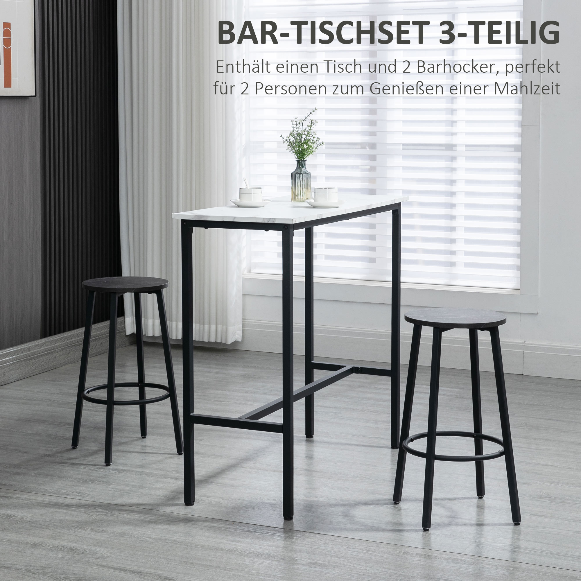 Ein 3-teiliges Bartisch-Set. Enthält einen weißen Tisch und zwei schwarze Hocker. Der Tisch hat ein schwarzes Gestell.