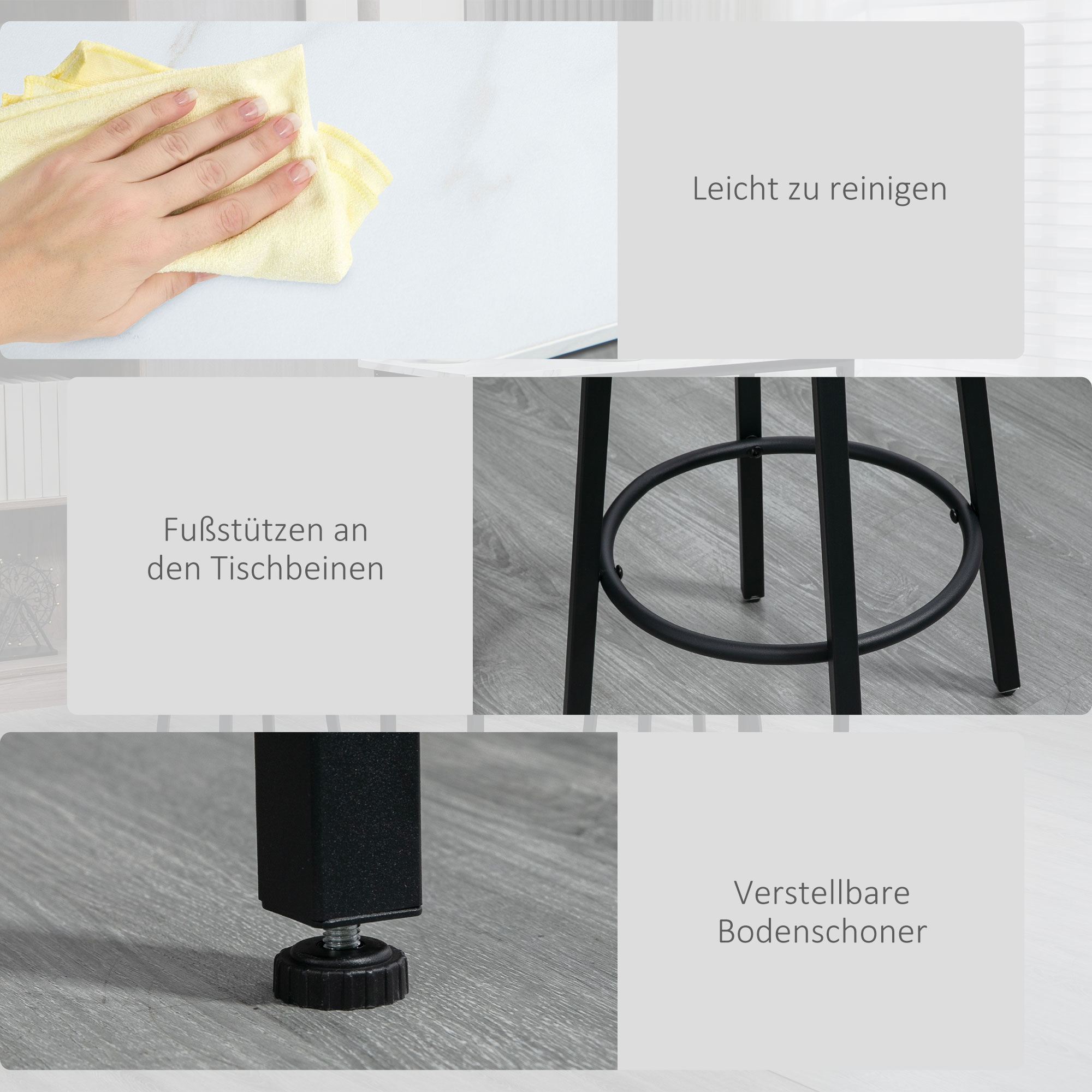 Details eines schwarzen Barhockers aus Metall. Text: Leicht zu reinigen, Fußstützen an den Beinen, verstellbare Bodenschoner.