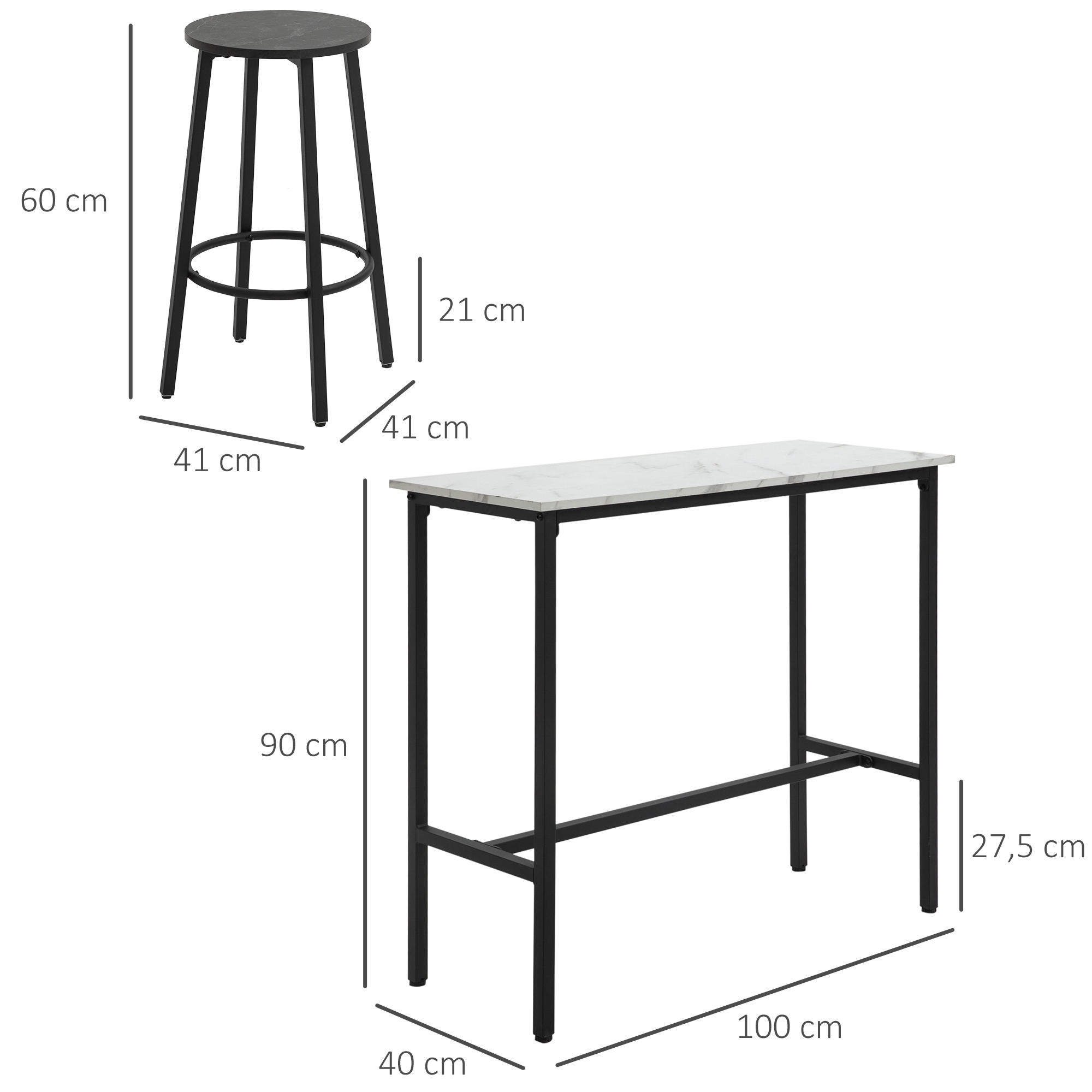 Ein Bartisch mit Hocker. Der Tisch hat eine weiße Platte, schwarzes Gestell, Hocker schwarze Beine.