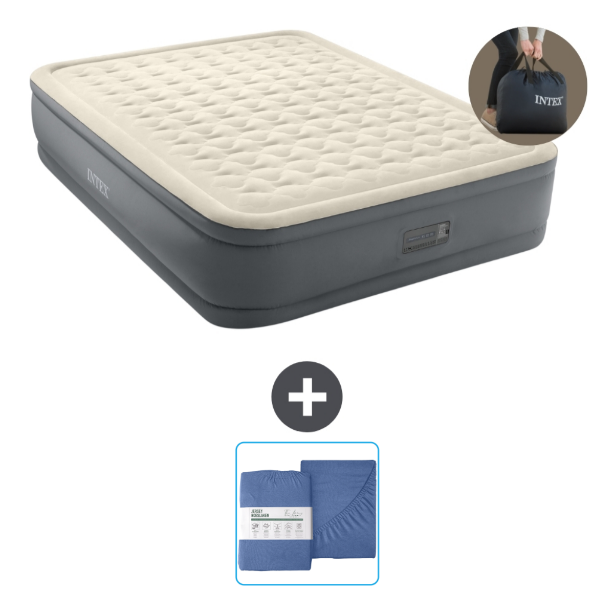 Beige luchtmatras met beddengoedset en draagtas.