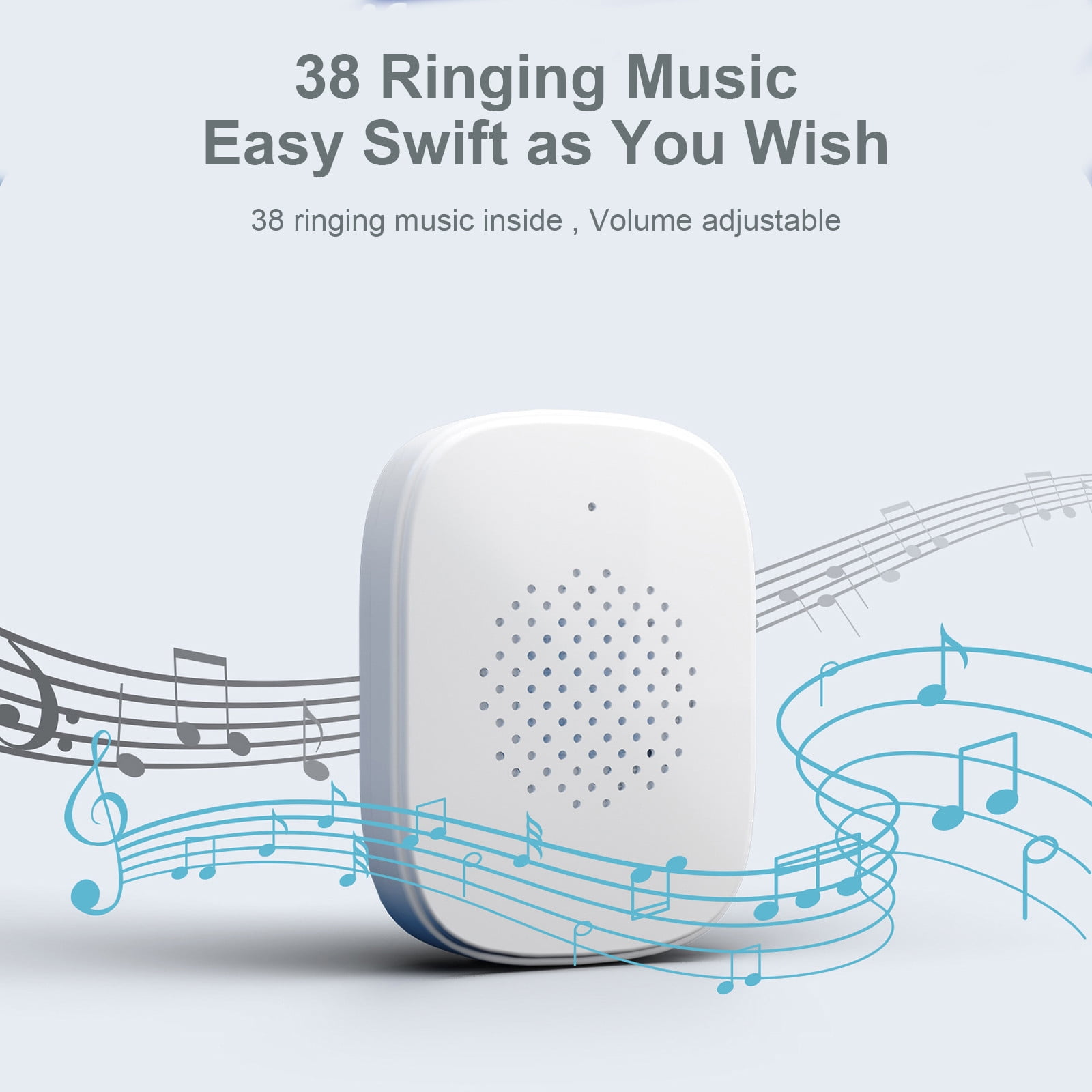 Weißer Lautsprecher mit vielen Löchern, umgeben von Noten. Text: '38 Ringing Music Easy Swift'.